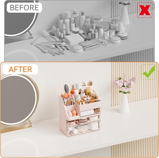 Yieach Pink Makeup Organizer Countertop With 4 Drawers,Large Cosmetics Storage Organizer for Brush,Hair Products,Plastic Makeup Holders and Beauty Skincare Organizers for Bathroom,Vanity,Dresser Top