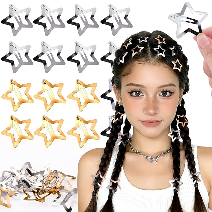 16 PCS Gold Silver Star Hair Clips, 1.57 Inch Y2K Accessories Snap Hair Clips, Non-Slip Small Star Barrettes Metal Accessories for Girls Women, Cool Mini Fashion Ornament Set for Rave Decor