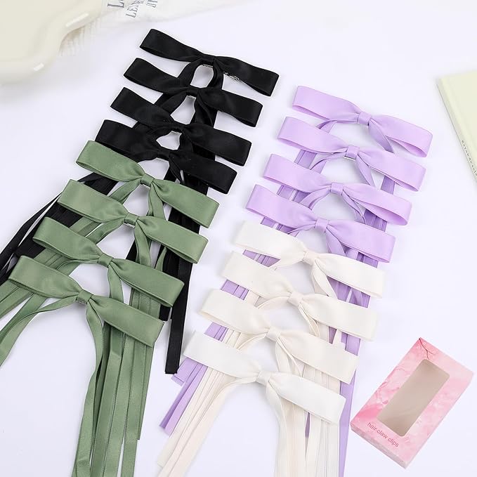 Hair Bows Clips Coquette Ribbon Bowknot with Long Tail Princess Hair Bows French Barrettes Hair Accessories for Women Girls 16PCS (Cream, Green, Purple, Black)