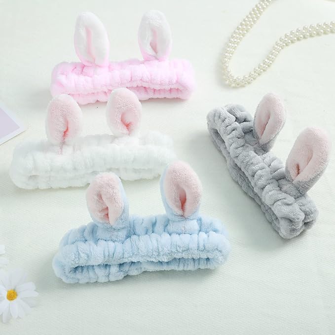 4 Pack Elastic Makeup Headbands for Women, Girls' Soft Flannel Bunny Ears Headbands Head Wraps, SPA Headband Hair Band for Washing Face