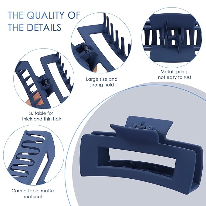 8 Pcs Large Hair Claw Clips 4.1 Inch Non-slip Big Square Matte Hair Claws for Women, Strong Hold Banana Clip for Thick Thin Hair (Black/Blue)