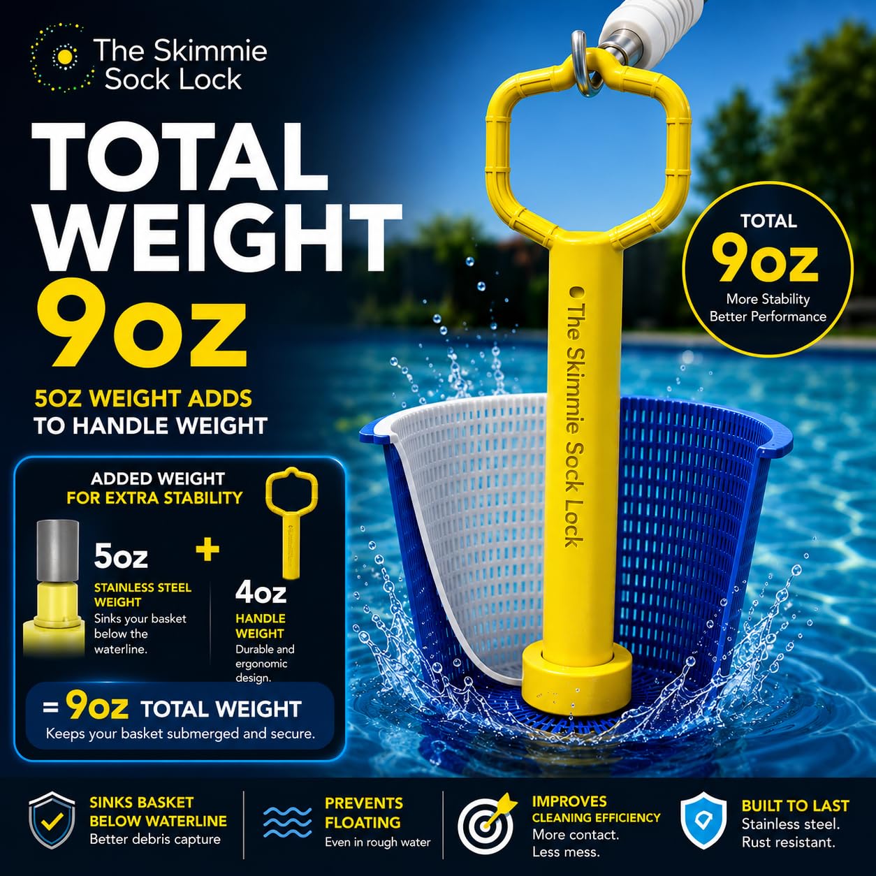 Skimmie Sock Lock - Ultimate Pool Cleaning Convenience: Removable Handle for Skimmer Socks Keeps Debris in, Even When Pump's Off