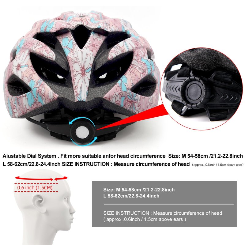 Adult Bike Helmets, Adjustable Mens Womens Bicycle Helmet, Lightweight Road Mountain Cycling Safety Sports Helmets with Detachable Visor Pink Flower L