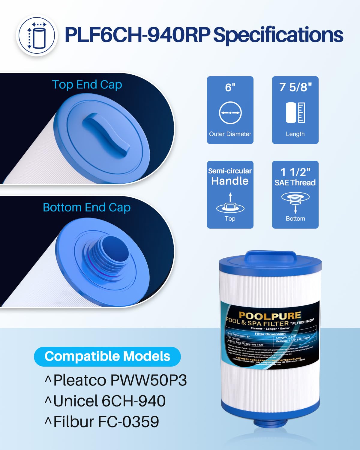 POOLPURE 6CH-940RP Removable Handle Spa Filter Replaces PWW50P3(1 1/2" Coarse Thread), 6CH-940, 817-0050, Filbur FC-0359, 25252, with Built-in Chlorine Dispenser, Screw in SAE Thread Filter 2Pack
