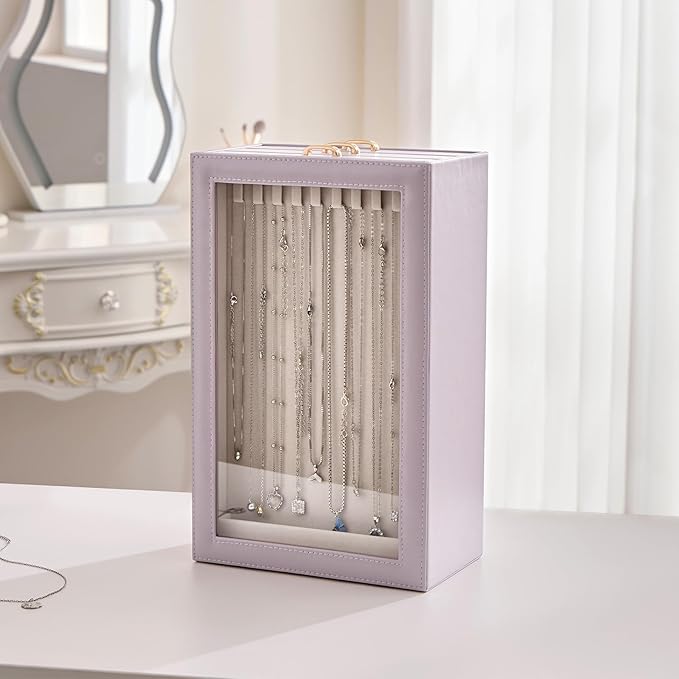 Lolalet Necklace Organizer Box, Jewelry Storage Box with Clear Window for Necklaces Bracelets, Tangle-Free Necklace Display Case for Women Girls -Dusty Purple, 3 Layers 30 Hooks