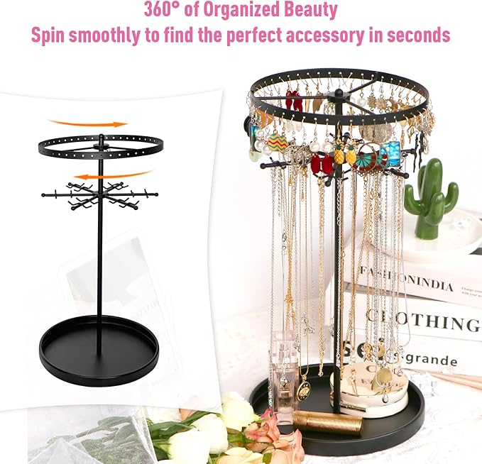 360 Rotating 2-Tier Jewelry Organizer Stand, Large Earring Holder Organizer with 48 Holes for Studs，24 Prongs for Necklaces, Wide Base for Bracelets, Watches, Lipstick, Jewelry Display Stand for Women