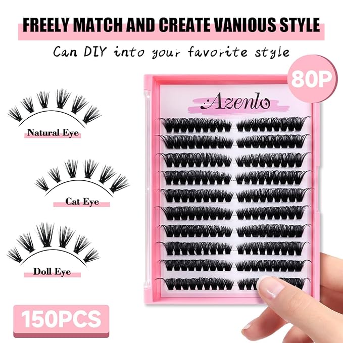 Azenlo Natural Lash Clusters Kit Wispy Eyelash Clusters 120 pcs Cluster Eyelash Extensions C Curl Individual Lashes 10-16 mm Mix Length Natural Look (Left&Right 80D KIT 120Pcs)