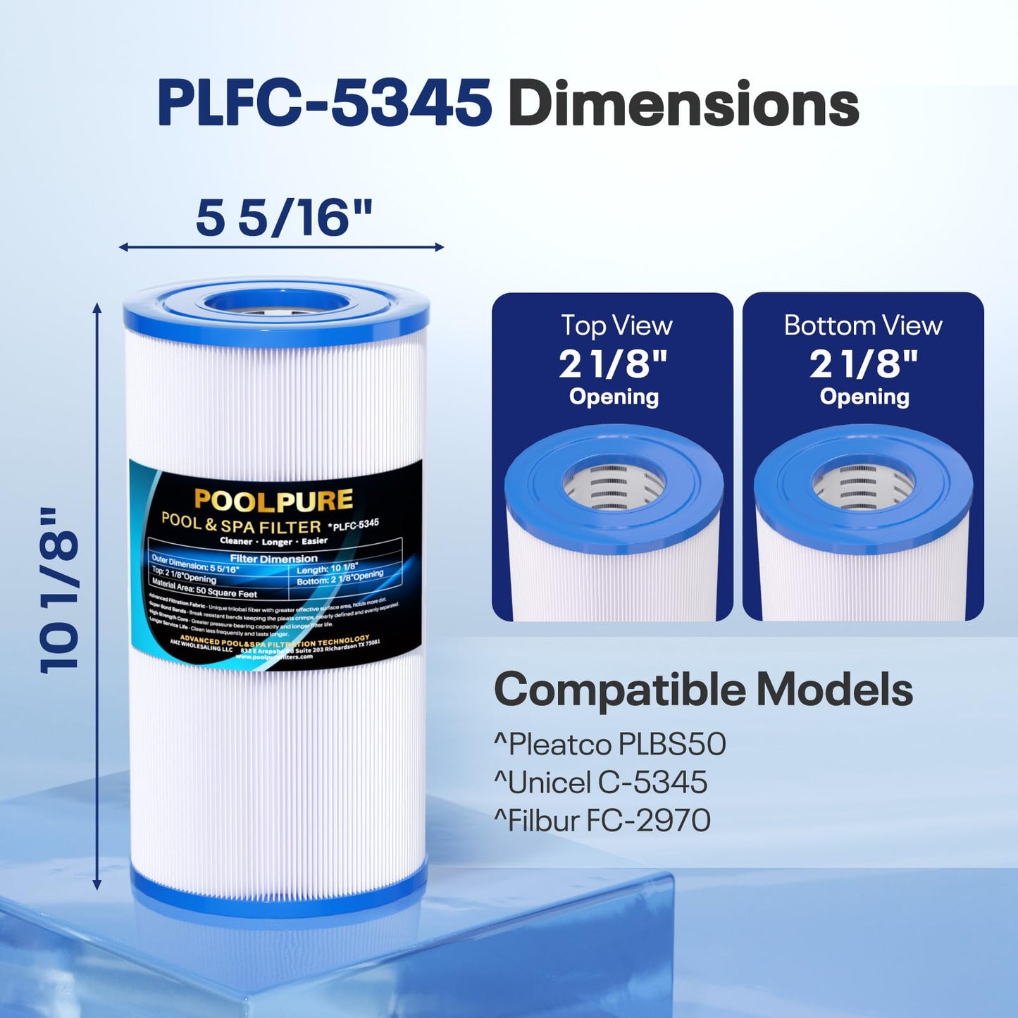 POOLPURE C-5345 Spa Filter Replaces PLBS50, Unicel C-5345, Filbur FC-2970, 817-0014, R173584, 173584, X268519, 10419, 14513, 50451, S2/G2 Spa, 5x10 Drop-in Hot Tub Filter (2pack)
