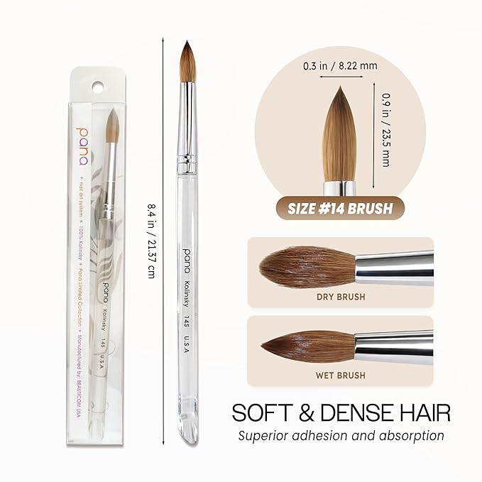 PANA Pure Kolinsky Hair Brush - Round Clear Acrylic Handle (Size 14) - Nail Brush for Acrylic Nail Application, Nail Extension, Manicure Pedicure Salon Beginner and Professional