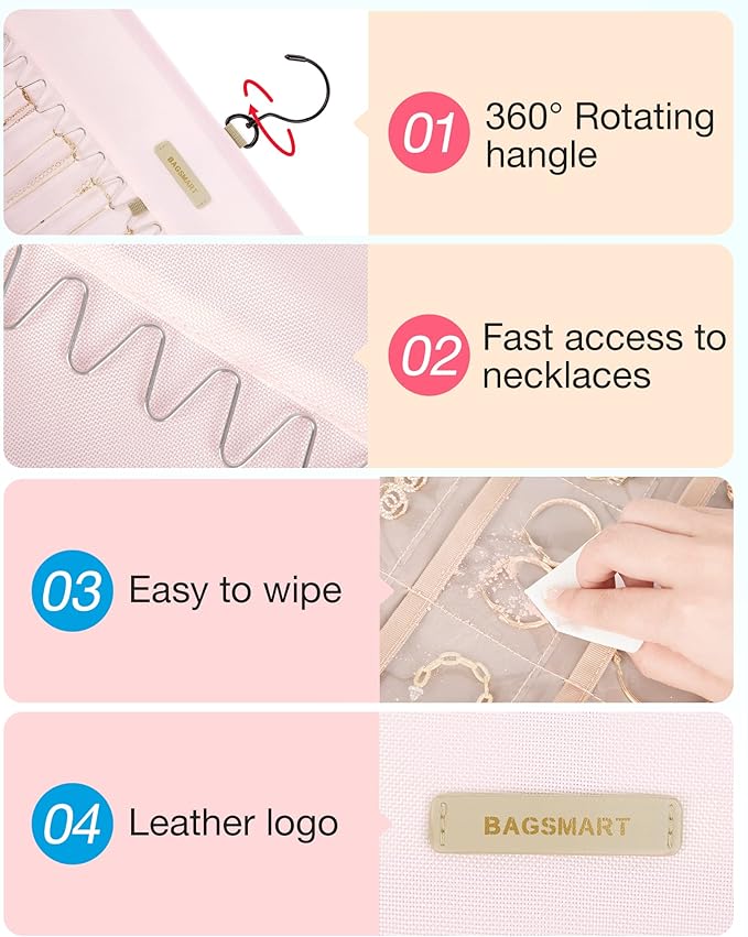 BAGSMART Hanging Jewelry Organizer Storage Roll with Hanger Metal Hooks Double-Sided Jewelry Holder for Earrings, Necklaces, Rings on Closet, Wall, Door, 1 piece, Medium, Pink