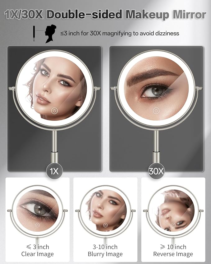VFD 30X/1X Makeup Mirror with Lights, Height Adjustable Lighted Magnifying Vanity Mirror with 3 Lighting and Adjustable Brightness, 3000mAh Rechargeable Double Sided Switch for Desk Women Gift