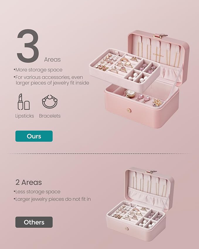 SONGMICS Jewelry Organizer Box, Travel Jewelry Case, 2-Layer Travel Case for Earrings, Necklaces, Bracelets - Portable Jewelry Storage with Large Capacity, Gift Idea, Jelly Pink UJBC166R01