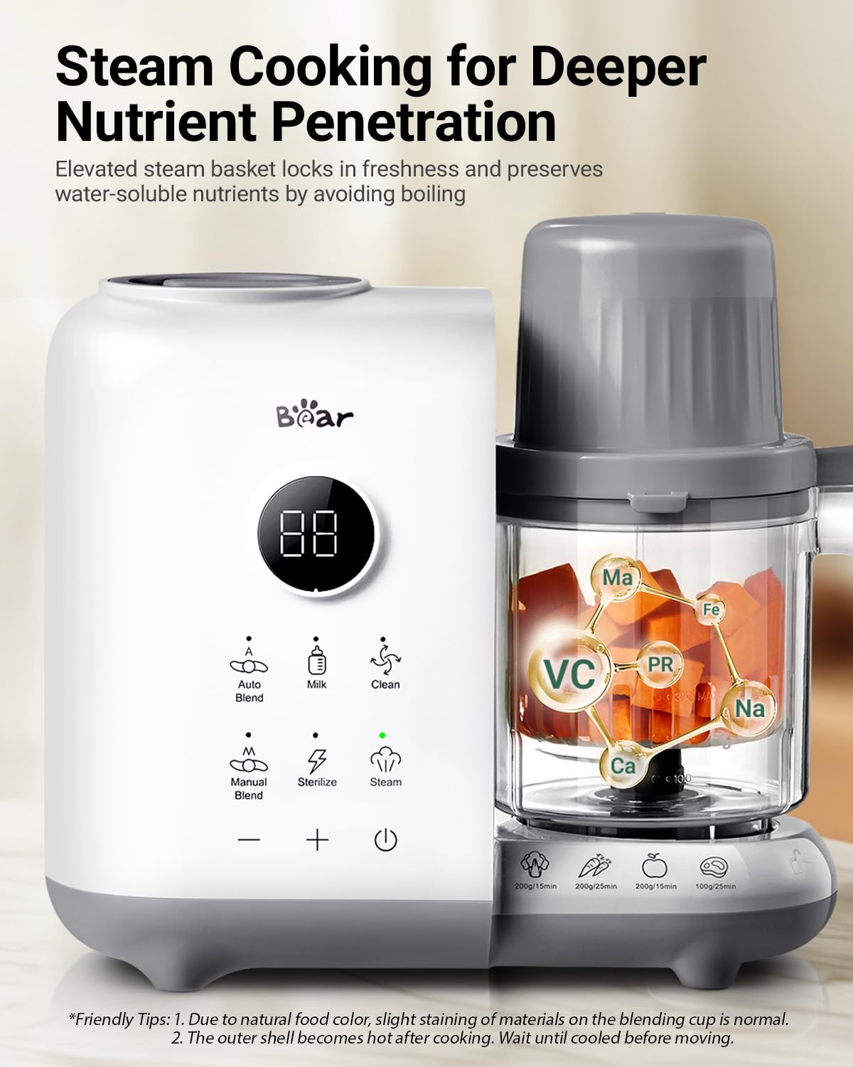 Bear Baby Food Maker with 18.5oz Dual-Layer Steam Baskets, OneStep Baby Food Processor Steamer Puree Blender Grinder Mills, Auto Cooking Grinding&Sterili-zing for Healthy Homemade Baby Food, BPA-Free