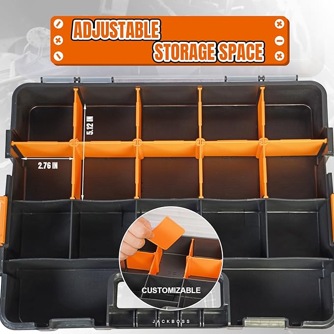 Tool Box with Transparent Lid, Single Side 17-Compartments Organizer Box with Removable Dividers for Hardware, Screws, Bolts, Nails, Beads, Jewelry and Fishing Accessories, Orange, 2 Pack