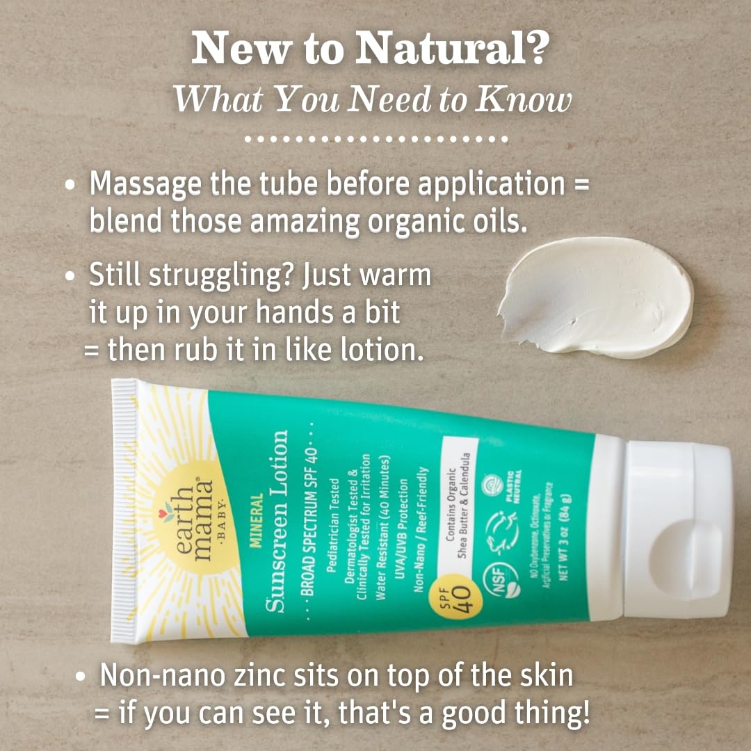 Earth Mama Baby Mineral Sunscreen Lotion SPF 40 | Non-Nano Zinc, Natural Water Resistant Sun Cream for Babies, Kids & Adults, 3-Ounce