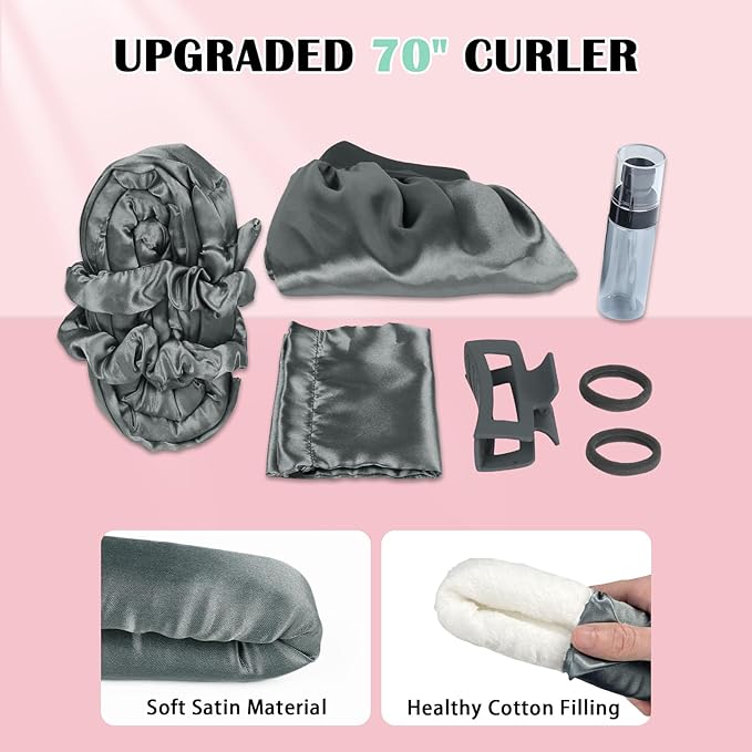 Gwabee Satin Heatless Curls Overnight Hair Curlers to Sleep In Hair Curler Rollers No Heat Hair Wrap for Curls Headband, 70" Satin Heatless Curling Rod Set for Women Long Waves Hair Volume -Grey 9 PCS