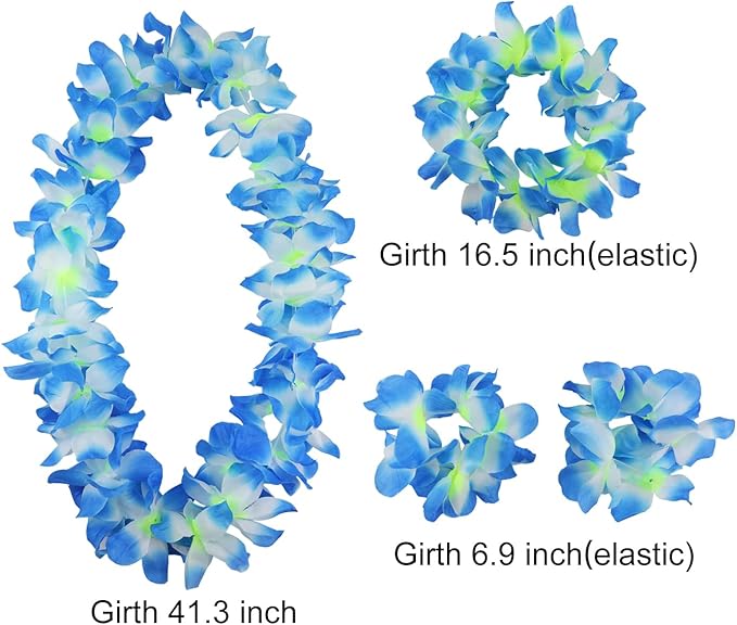 Hawaiian Leis Set,Hawaiian Luau Flower Leis Necklace Headband Bracelets Set,Essential Party Decorations for Birthday, Graduation, and Wedding Celebrations (Blue)
