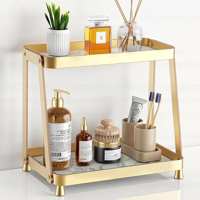 Bathroom Counter Organizer - 2-Tier Acrylic Makeup Organizer Countertop with Marble Tray, Perfume Organizer & Vanity Organizer, Makeup Tray Shelf for Skincare, Cosmetics Display, Gold