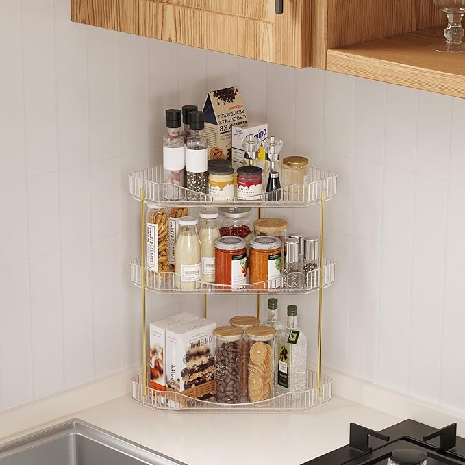 Lifewit 3-Tier Corner Bathroom Counter Organizer, Plastic Makeup Skincare Organizers Storage Countertop, Large Sink Cosmetic Perfume Shelf for Bedroom, Dresser, Kitchen, Vanity, Clear, 39 cm/15inch(H)
