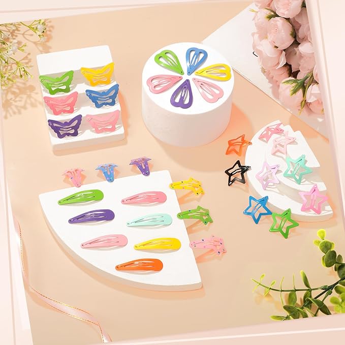 obeoby 82 Pcs 5 Styles Colorful Hair Clips for Girls, Metal Snap Hair Clips Cute Pattern Barrettes for Kids Baby Toddlers Accessories Birthday Gifts Easter Basket Stuffers