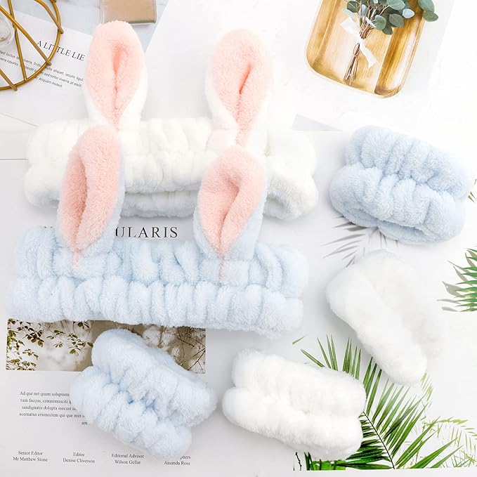 YISSION Cute Bunny Ear Spa Headband and Wristband Set for Women and Girls - Soft Plush Makeup Headband with Wrist Towels for Face Washing, Skincare, Shower, Easter Party Favors (White & Blue)
