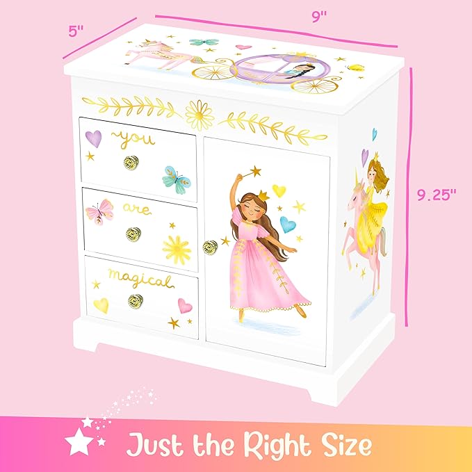 Giggle & Honey® Princess Musical Jewelry Box for Girls Kids Music Box with Drawers, Fairytale Gifts for Girls Birthday, Princess Jewelry Boxes for Ages 3-10