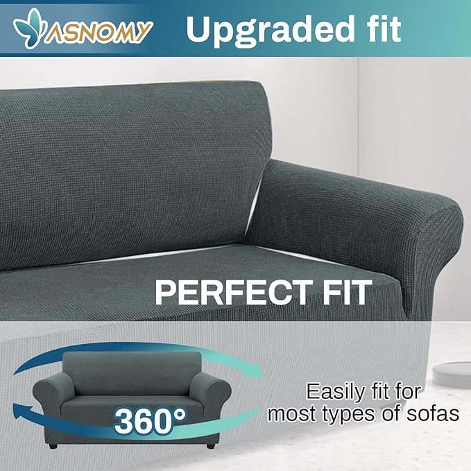Asnomy Sofa Covers for 2 Cushion Couch Stretch loveseat Covers Slipcovers, Pet Protector Furniture Covers for Dogs Cats Spandex Jacquard Fabric Small Checks （Medium，Gray）