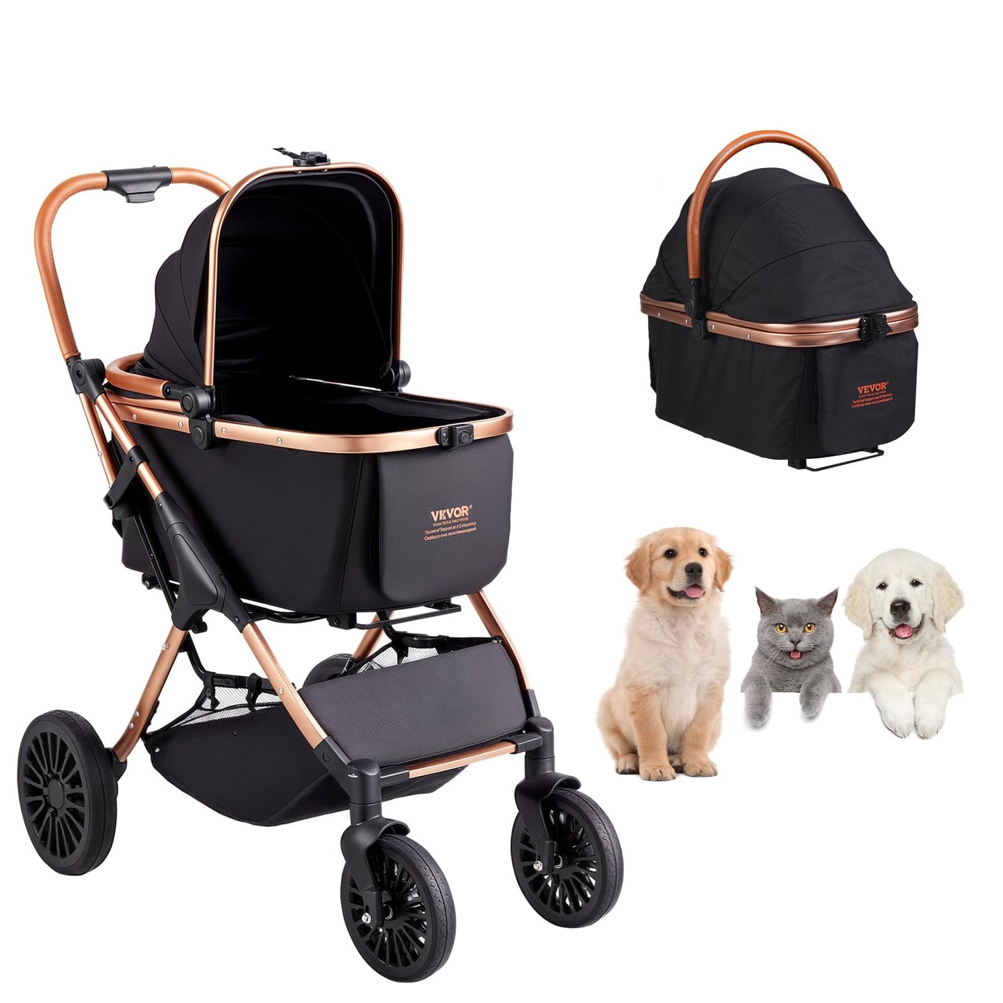 VEVOR Large Pet Stroller for Medium Large Dogs and Cats, Up to 66lbs, Detachable Carrier and Storage Basket