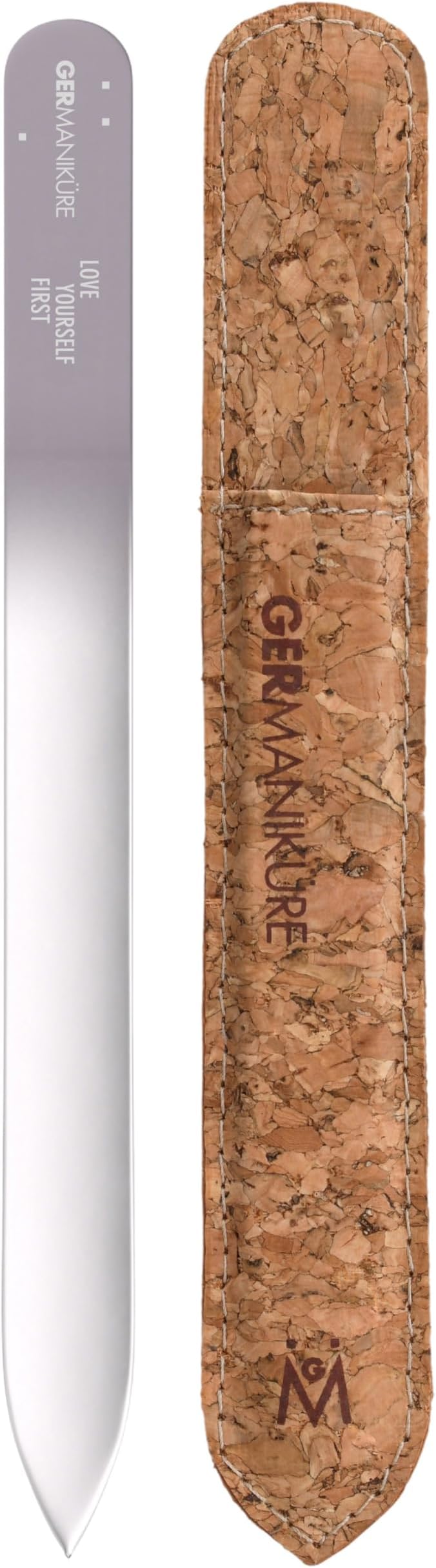 GERMANIKURE Glass Nail File in Cork Sleeve - Love Yourself First - Professional Crystal Nail File for Natural Nails - Ideal Manicure & Pedicure Tool for Smooth, Easy Shaping - Nail Care Gift