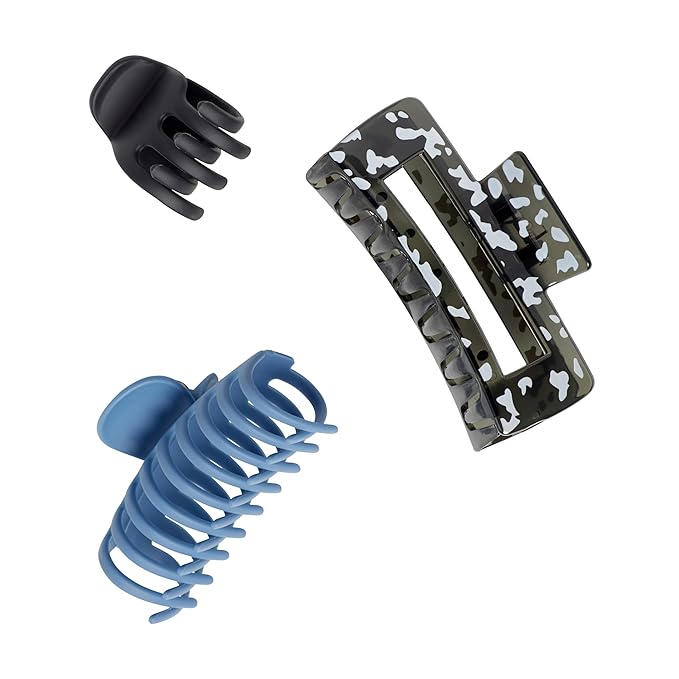 Goody SlideProof Rectangular Claw Clips, 3 Ct - 1 Small + 2 Large Claw Clips, Cool Tones, Styling Accessories with Secure Grip, Hair Accessories for Women & Men, For All Occasions, All Hair Types