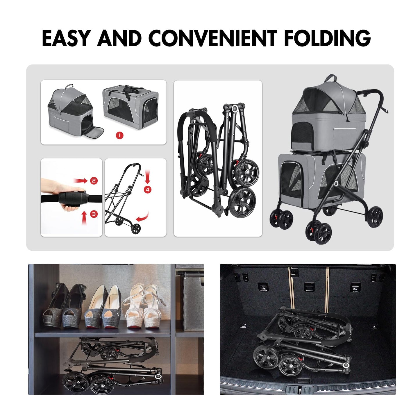 Petmolico Double Pet Stroller for 2 Cats/Dogs Strollers,2 Detachable Cat Carrier,No-Zip Double Pet Travel Storller for Small/Medium Dogs(Grey&Black)