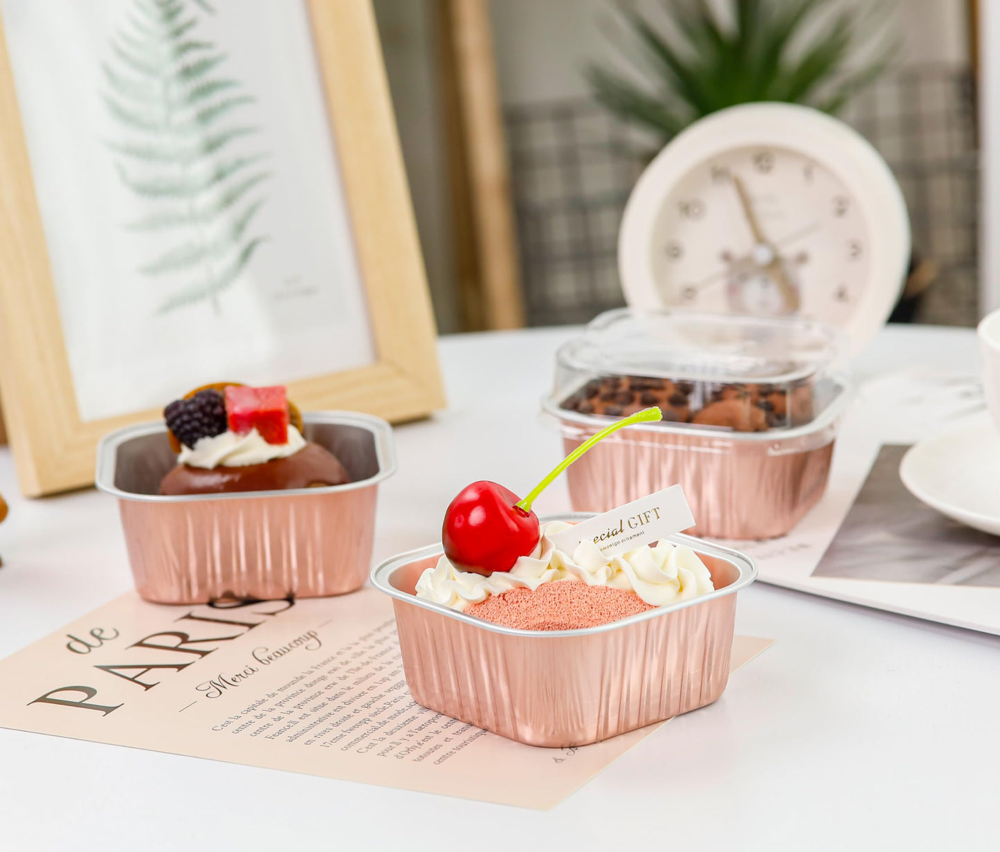 NPLUX 50 Pack Mini Cake Pans with Lids and Spoons Aluminum Foil Pans Square Cake Tins for Bakery Party Wedding (Champagne Color,5 oz)