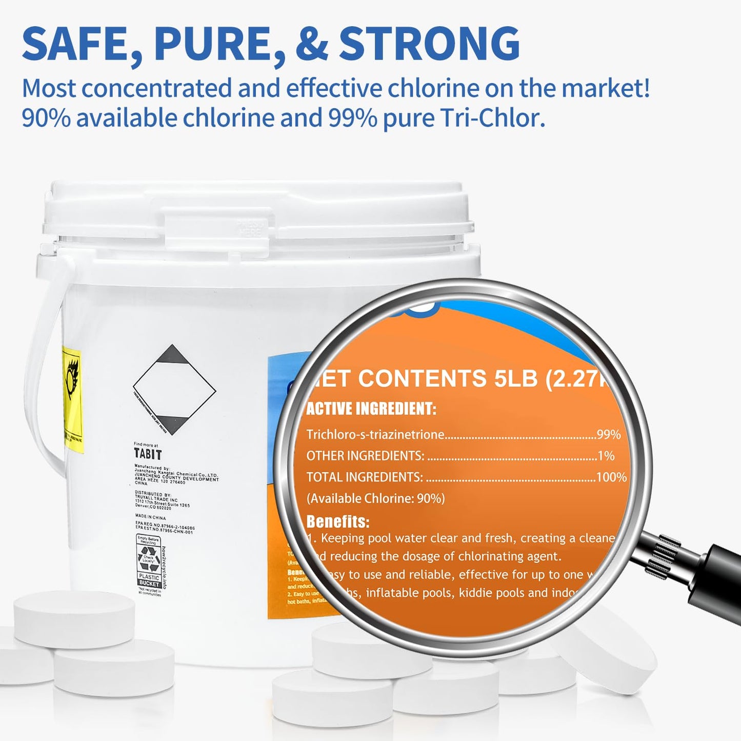 TABIT 3" Chlorine Tabs, 3 Inch Chlorinating Tablets 5 lbs for Swimming Pool, Spa and Hot Tub, Slow Dissolving