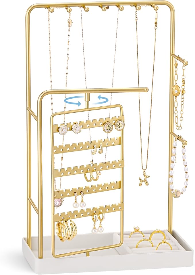 ProCase Jewelry Stand Holder Organizer, Jewelry Display Storage with Ring Tray, No-Assembly, Rotating Earring Bracelet Necklace Holder,Valentine's Gifts Room Dorm Decor for Teen Girls -Gold