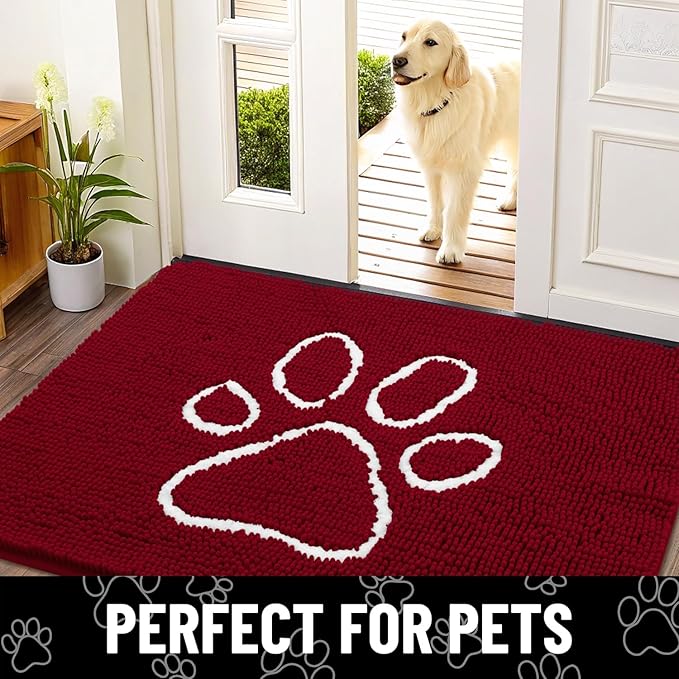 Smiry Dog Door Mat for Muddy Paws, Absorbent Dirt Trapper Non Slip Quick Dry Washable Chenille Mat for Mud Dogs, Entry Rug for Indoor and Outdoor (36x24 Inches, Red and White)