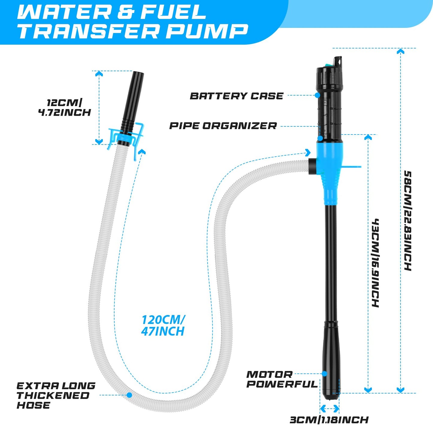 Portable Transfer Pump Battery Operated Electric Siphon Pump for Gas, Fuel, Diesel, Water Transfer 2.4 GPM Flow Oil Extractor, 47" Hose-Easy to Use Hand Fuel Pump, Multi-Use Siphon Transfer Pump(Blue)