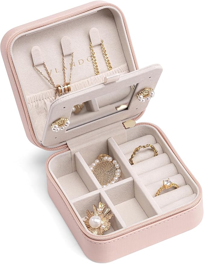 VLANDO Valentines Day Gifts - Small Travel Jewelry Box Organizer -Jewelry Display Case for Girls Women Bridesmaid Gift Rings Earrings Necklaces Storage with Mirror Pink