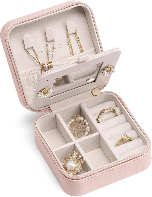VLANDO Valentines Day Gifts - Small Travel Jewelry Box Organizer -Jewelry Display Case for Girls Women Bridesmaid Gift Rings Earrings Necklaces Storage with Mirror Pink