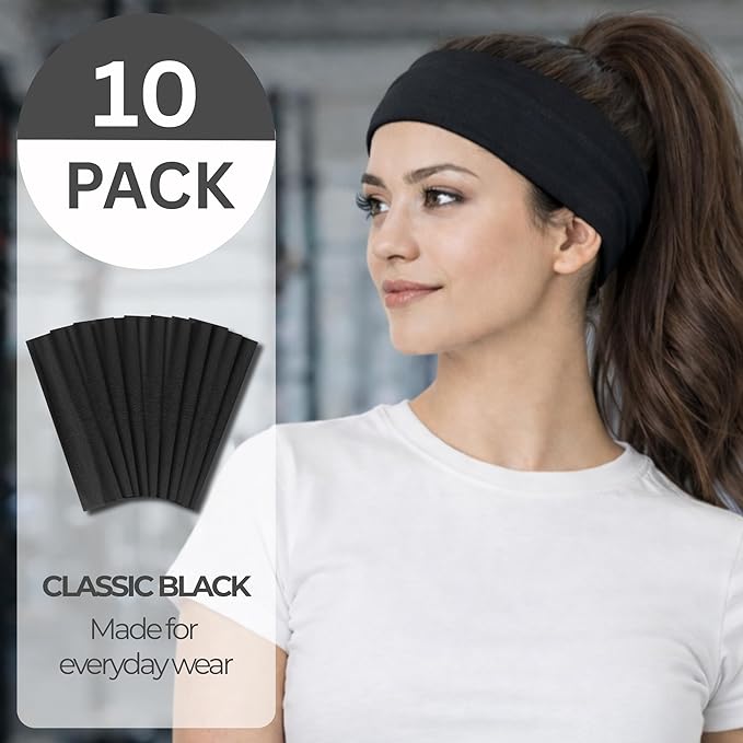 Styla Hair Headbands for Women Stretch Fashion Head Bands 10 Pack Non-Slip Head Wraps Great for Spa, Sports, Yoga, Pilates, Running, Gym Headband, Workouts (Black)