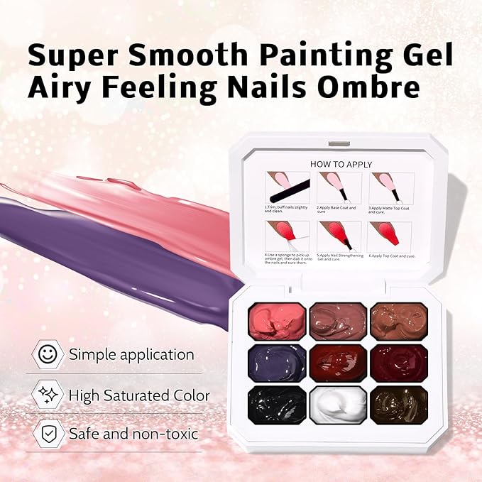Christmas Gel Polish, 9 Colors Ombre Patting Gel Nail Polish Palette, 100 Sponges 6 Brushes 1Grabber, Blending Color Gradient Painting Nails Art, No Wipe, UV/LED Cured (Set 08)