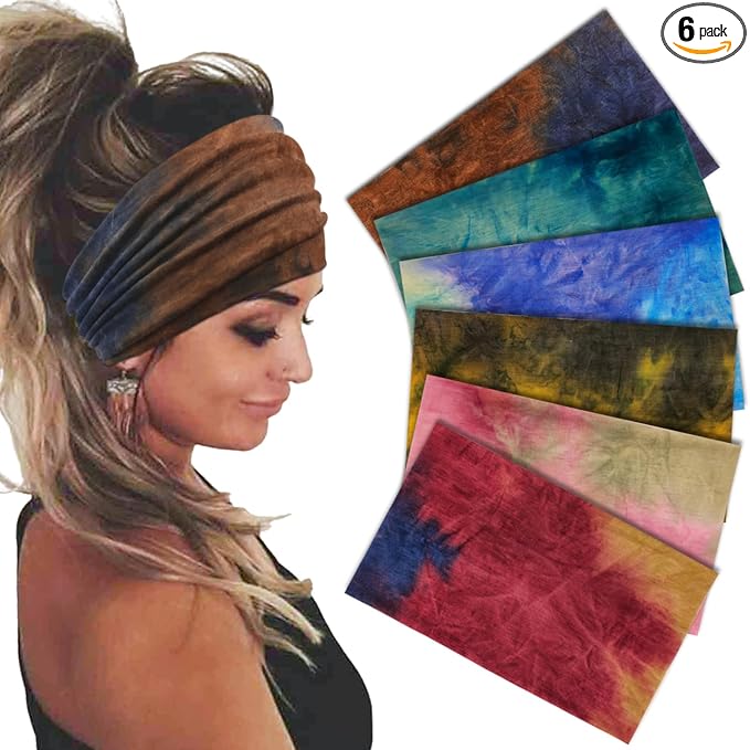 Sefiinh Wide Headbands For Women Stretch Headband Boho Head Bands Women's Hair Band Turban Workout Hairband Accessories Tie Dye 6 Pack