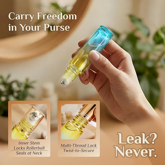 PrettyCare 12 Pack, 10 ml Essential Oil Roller Bottles with Stainless Steel Roller Ball - Refillable Leak-proof Empty Thick Blue& Yellow Glass Roll on Bottles with Golden Caps for Travel, Perfume