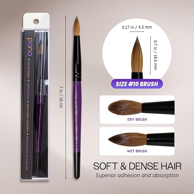 PANA Pure Kolinsky Hair Acrylic Nail Brush - Round Shape Black Ferrule with Purple Wood Handle (Size 10)