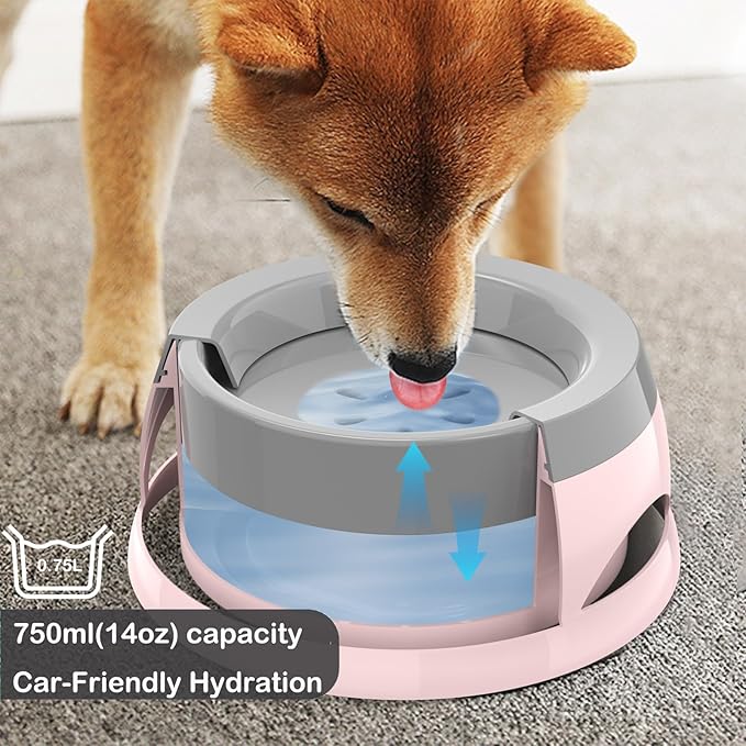 25oz Slow Drink Dog Water Bowl, No Spill Water Bowl for Dogs Cats, Non-Splash No Mess Puppy Kitten Water Feeder, Carried Portable Base for Vehicle Car,Travel,Home (Small/Medium Pets) - Pink