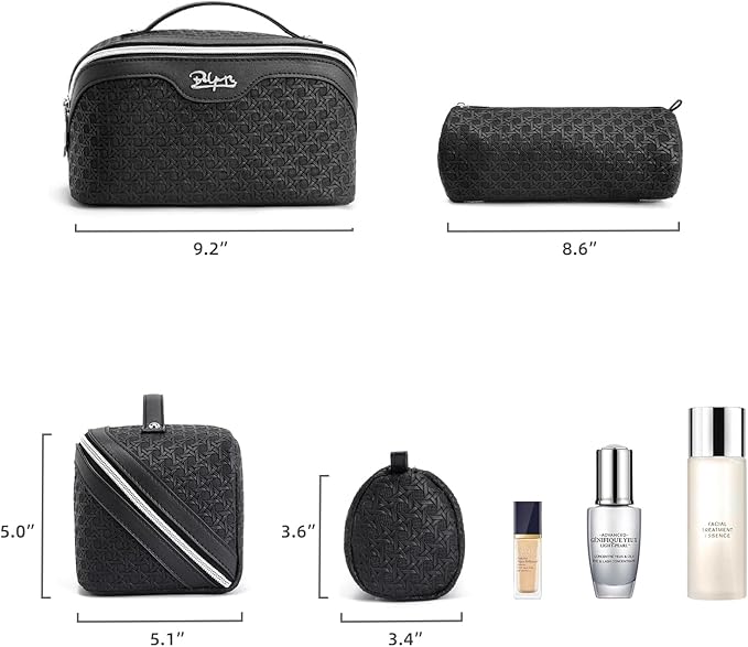 BOYATU Travel Makeup Bag Cosmetic Bags for Women: Large Capacity 3 Pcs Set Make up Bag with Compartments - Waterproof Vegan Leather Toiletry Organizer Bags with Handle (M-71Black)