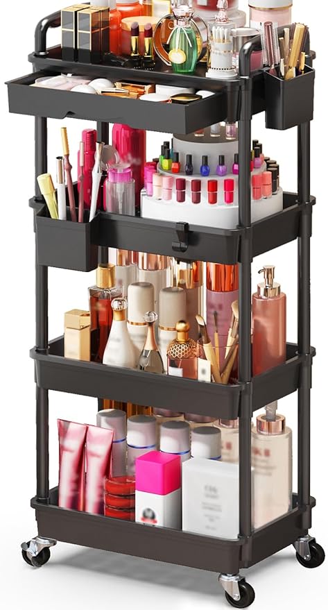 Makeup Cart Organizer with Drawers, 4 Tier Floor Skincare Organizers for Vanity, Rolling Makeup Bathroom Storage Cart Cosmetics Display Cases for Skin Care Perfume Nail Polish, Black