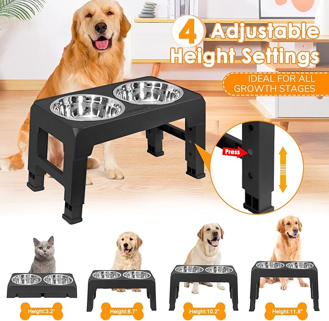 URPOWER Elevated Dog Bowls 4 Height Adjustable Raised Dog Bowl with 2 Stainless Steel Food and Water Bowls Non-Slip Bowl Stand Adjusts to 3.2”,8.7”,10.2”,11.8”for Small Medium Large Dogs and Pets