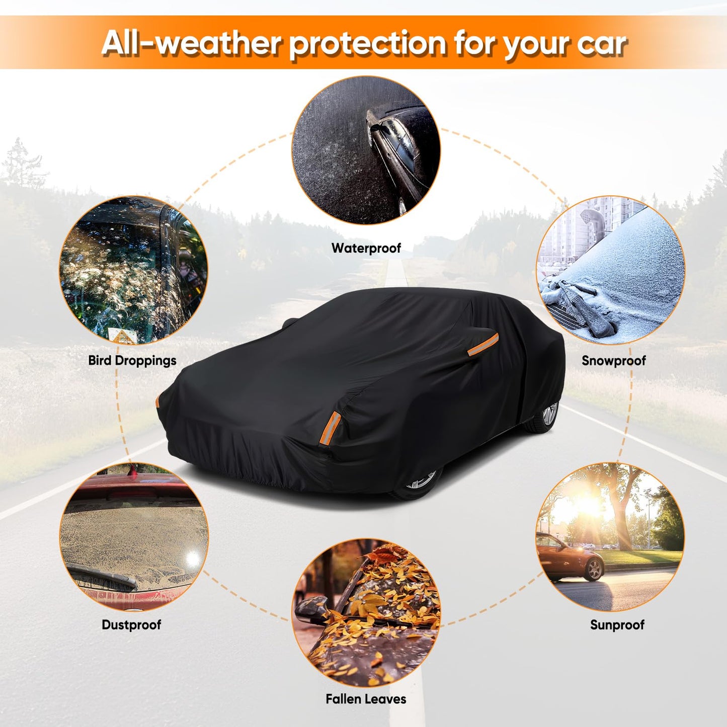 NEVERLAND Sedan Car Cover Waterproof Heavy Duty All Weather Protection Snow Anti-UV Windproof Outdoor Full Car Cover Fit for Automobiles BMW/Mercedes-Benz/Honda（for Car Size:196''L x 72''W x 59''H）