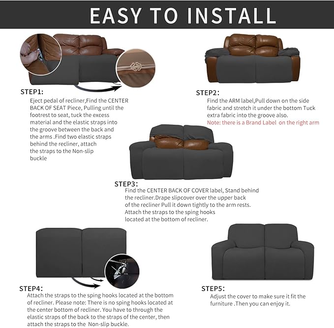 Easy-Going 6 Pieces RV Recliner Loveseat Stretch Sofa Slipcover Sofa Cover Furniture Protector Couch Soft with Elastic Bottom Kids, Spandex Jacquard Fabric Small Checks Dark Gray
