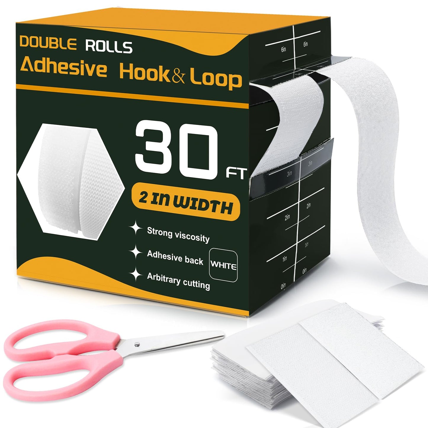 30 Ft×2 Inches Hook and Loop Tape Strong Viscosity Adhesive Back Arbitrary Cutting Sticky for Fabrics Nylon Self Adhesive Tape for Home Office School and Crafting 2 Rolls White and A Scissors (White)